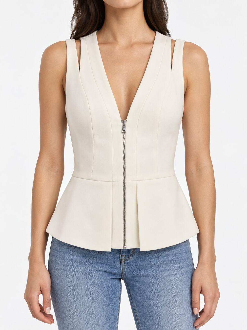 BCBGMAXAZRIA Ivory Sleeveless Zip Front Peplum Top Size 2XS XXS Coquette Y2K